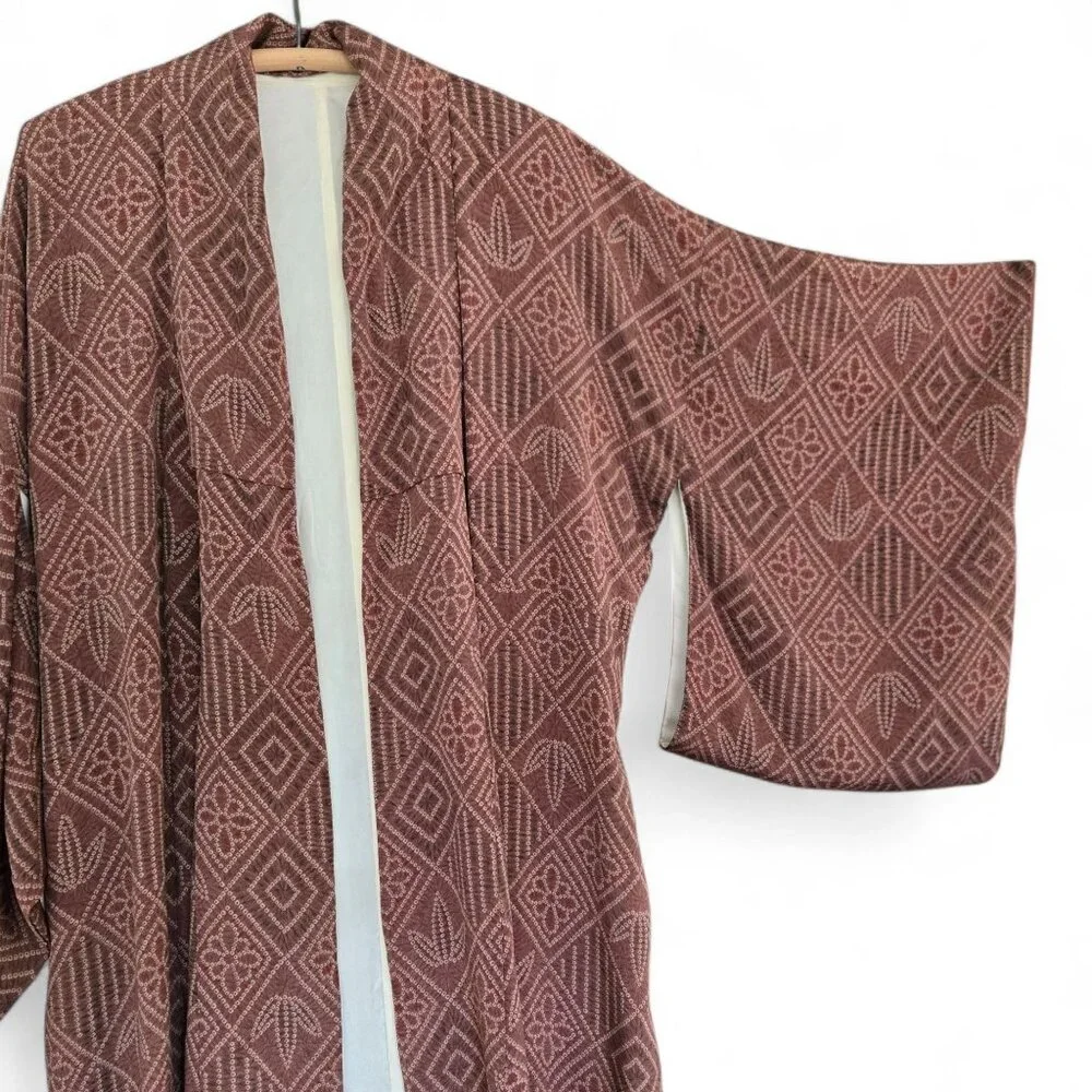 Vintage Brown & Ivory Kimono Robe Geometric Pattern & Open Front Fully Lined - Picture 6 of 8
